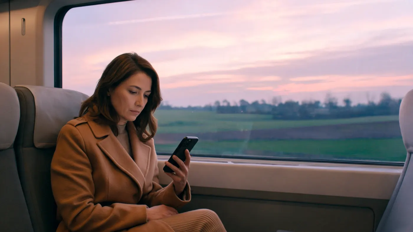 A woman in a train looks at her phone.