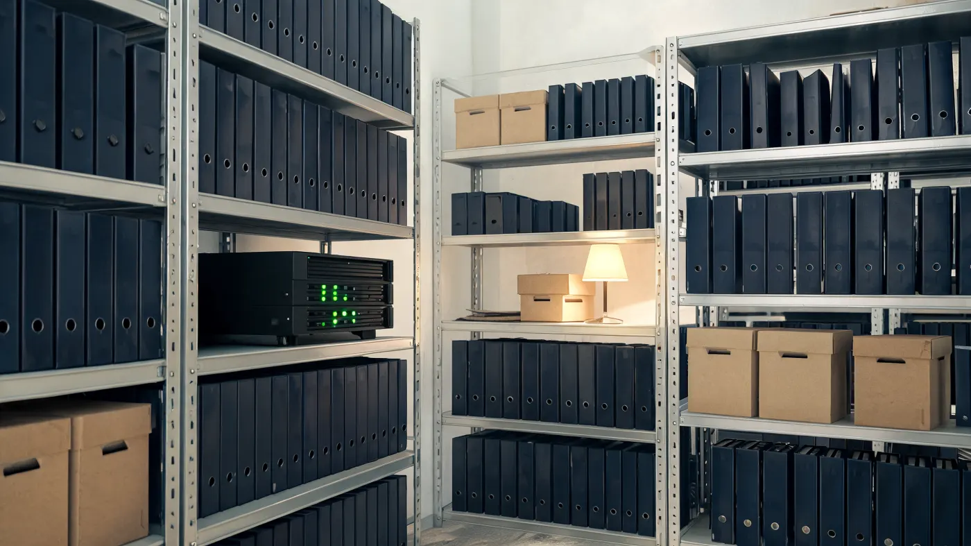 A file room with ring binders, archive boxes and a small server.