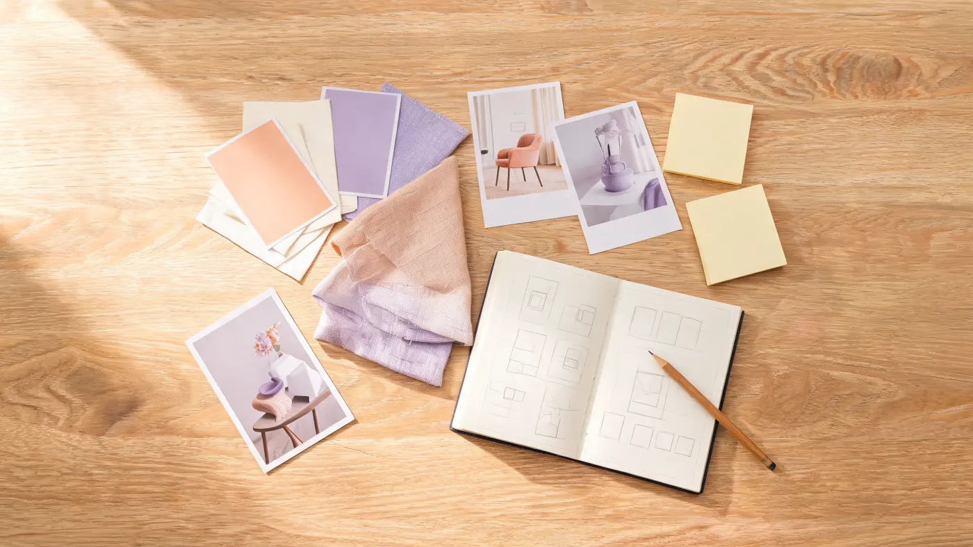 A mood board with product photos, colour samples and fabric on a wooden table.