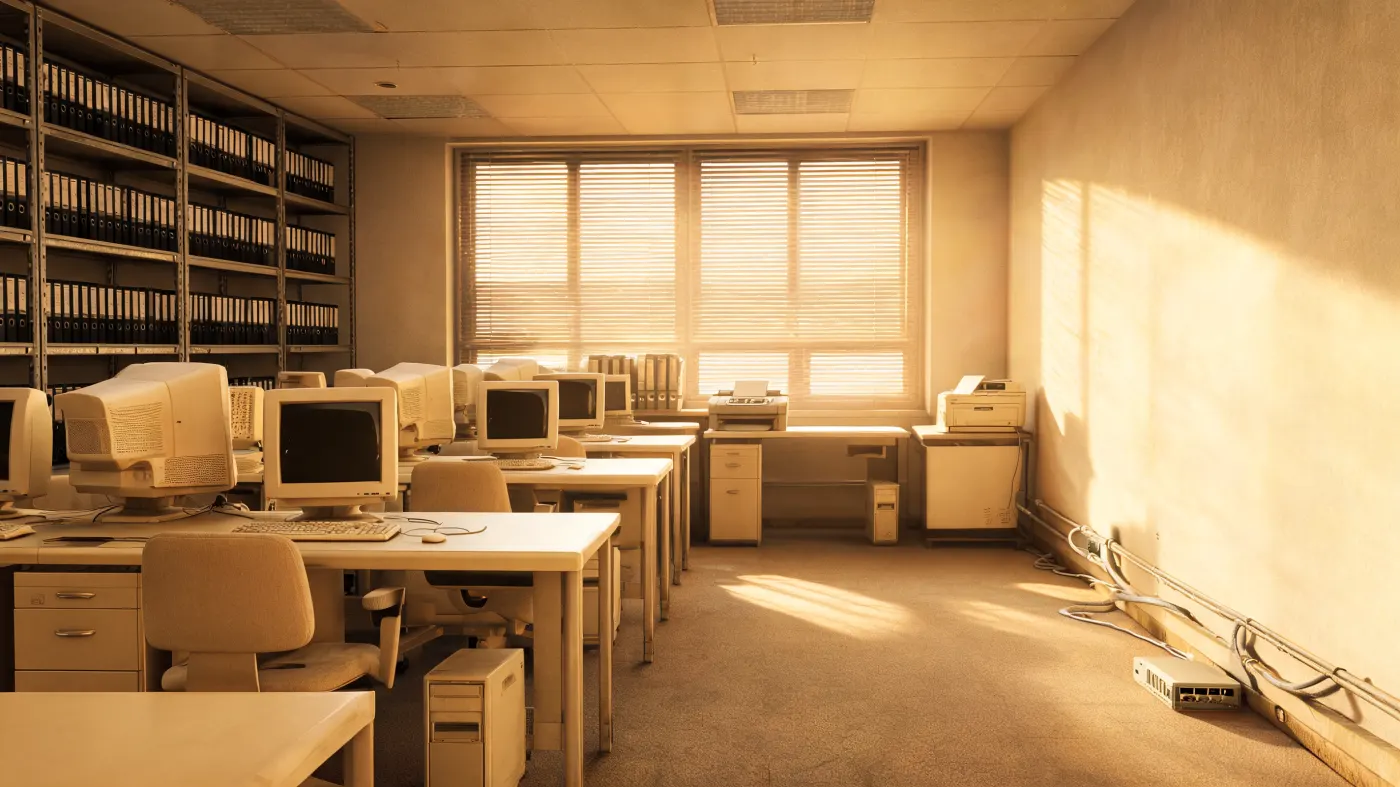 An office in the 1990s with old computers, ring binders and a network cable along the wall.