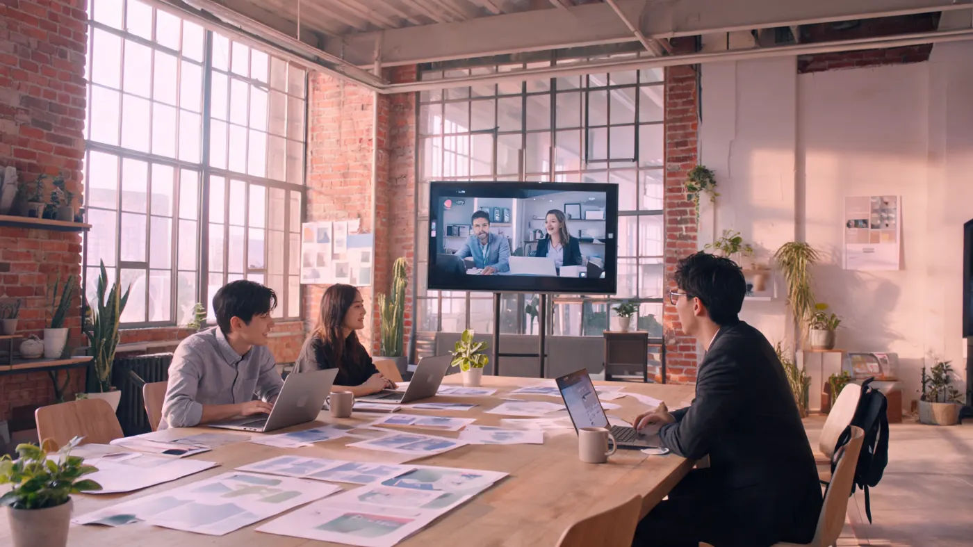 An employee, a freelancer and a client work together at a long table. Partners join on a video call.