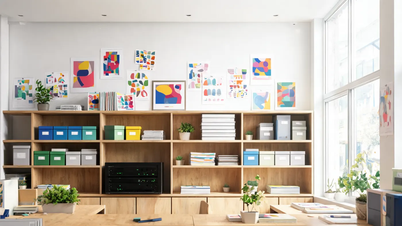 A shelf with client brand books, style guides and a small server.