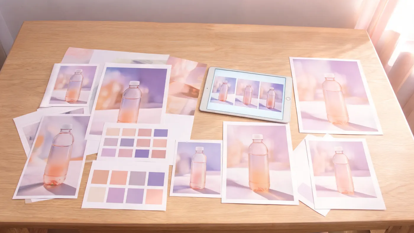 Printed campaign visuals, colour samples and a tablet on a large table.