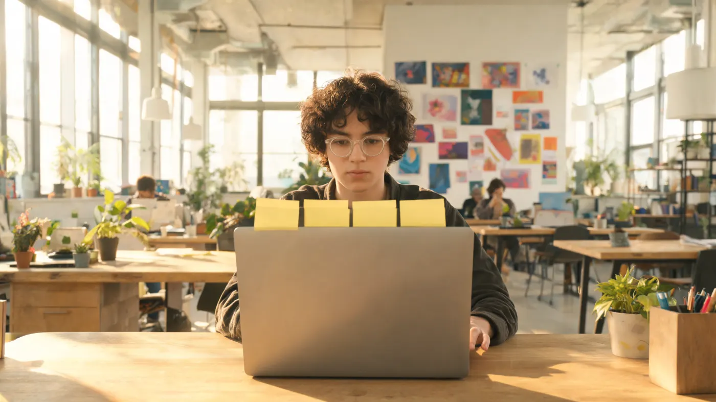 A copywriter writes on a laptop in a bright agency.