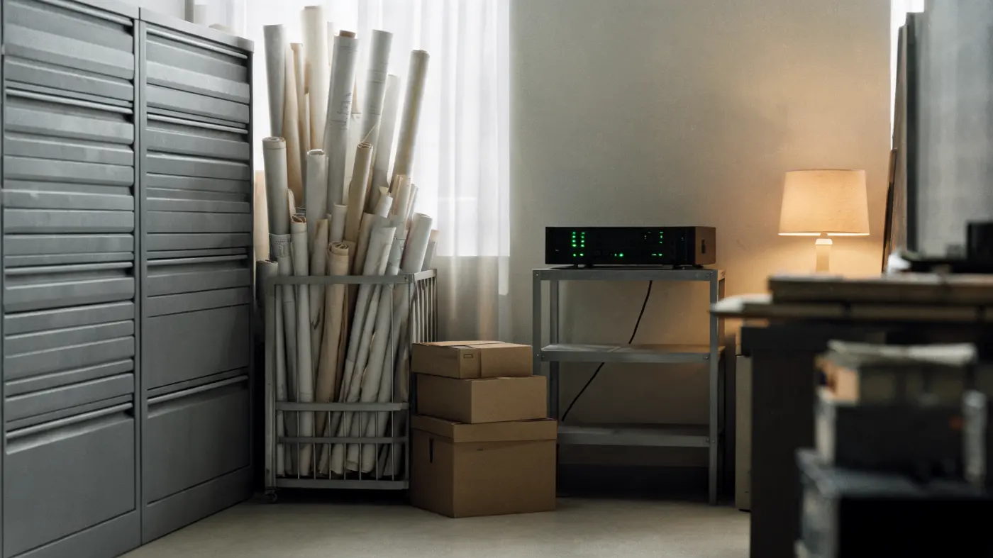 A plan room with plan cabinets, rolled drawings and a small server.