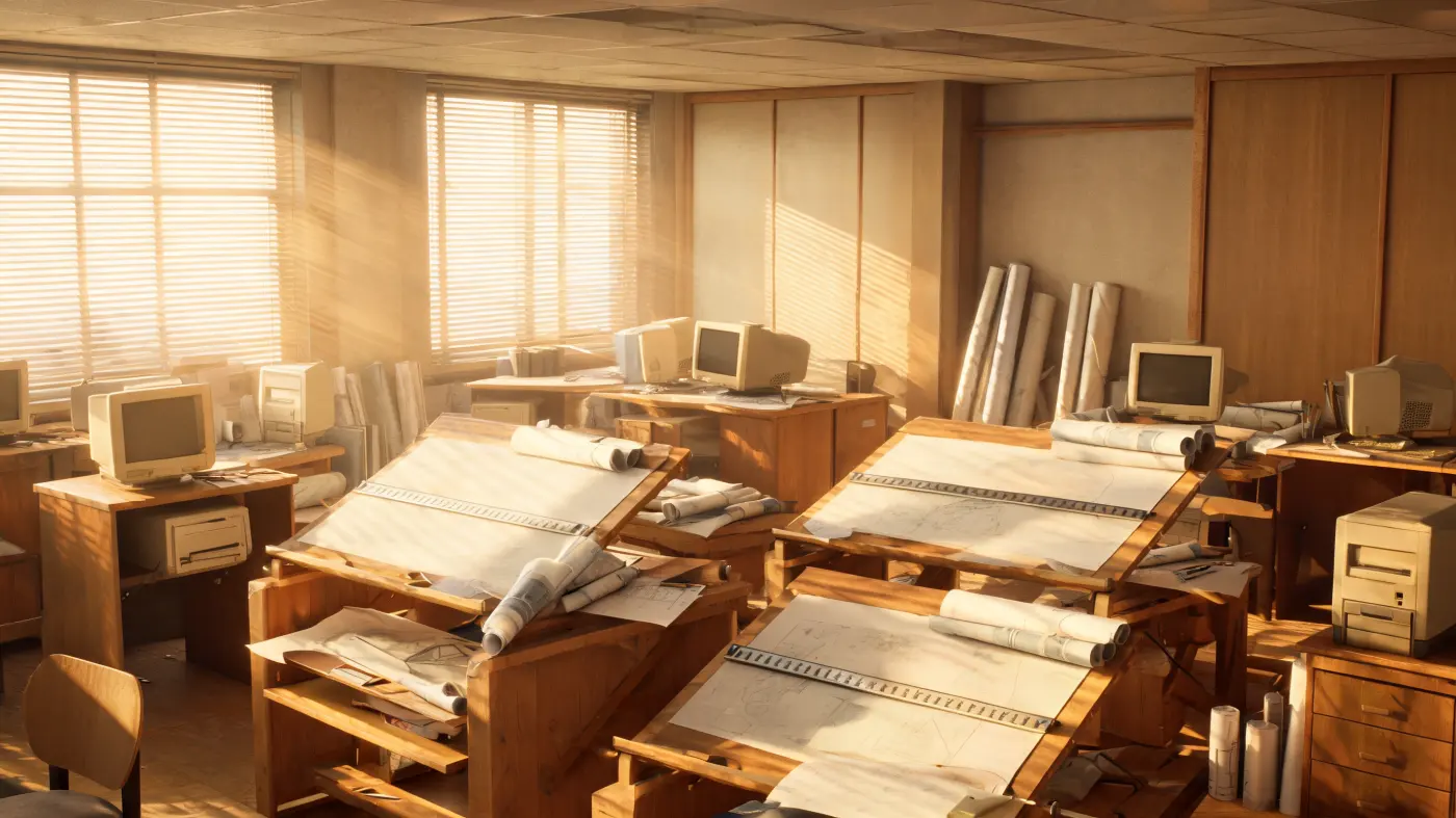 An architecture office in the 1990s with drafting tables and old computers.