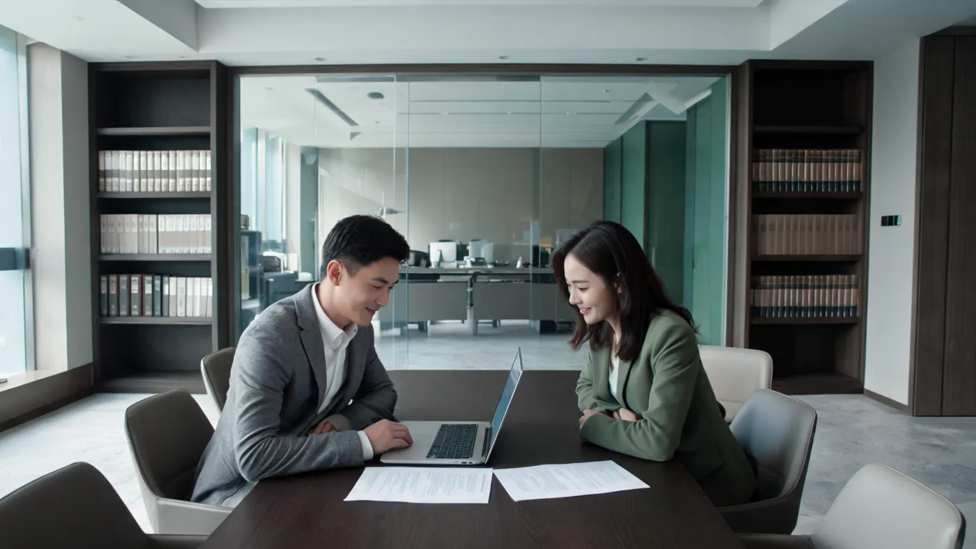 Two consultants compare two printed documents at a meeting table.